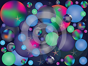 Multi-colored bright balls and stars against the dark blue night sky.